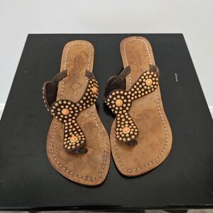 Mystique Women's Hand Crafted Turquoise ORANGE Jeweled Wedge Thong Sandals SZ 8